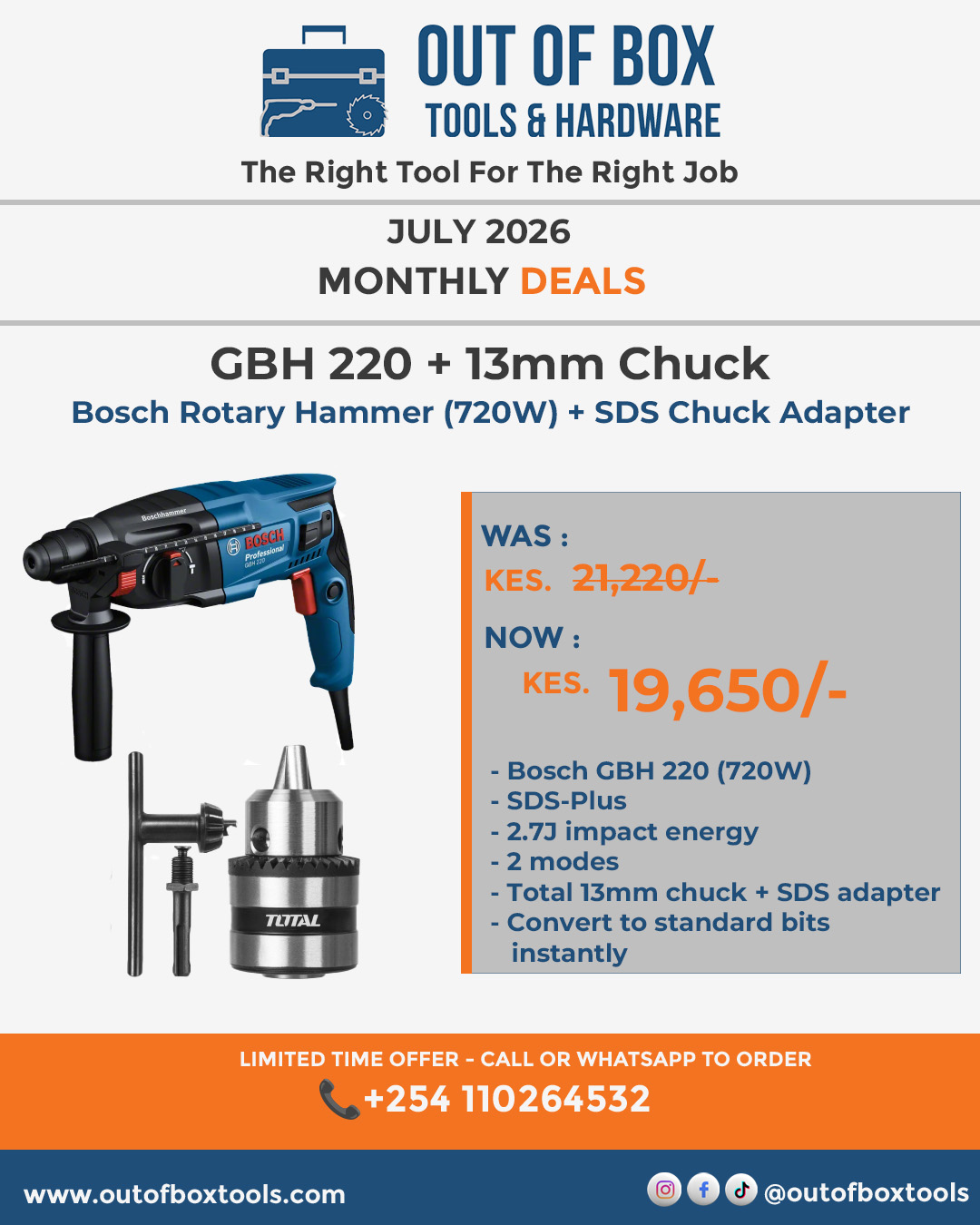 Bosch Rotary Hammer + Total Chuck (With SDS Adapter)